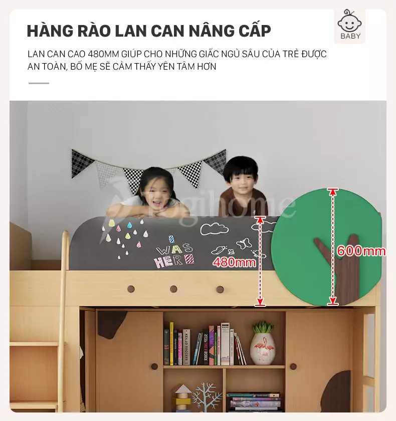 Bộ giường ngủ 2 tầng GTE034 đa năng kết hợp kệ sách và tủ thang dành cho trẻ phong cách hiện đại với hàng rào lan can an toàn cho trẻ