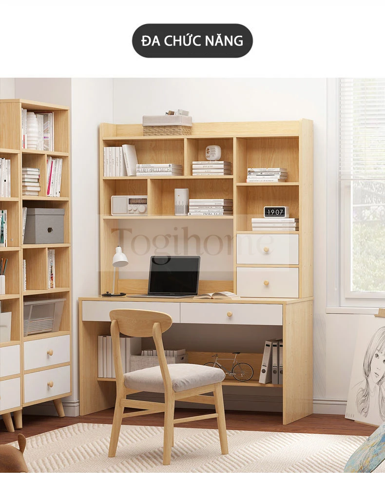 Bàn Làm Việc Phòng Ngủ Kèm Kệ Sách TOGI Smart BG028 với kích thước và kiểu dáng đa dạng, bàn làm việc phù hợp với mọi không gian làm việc, từ văn phòng đến nhà riêng.
