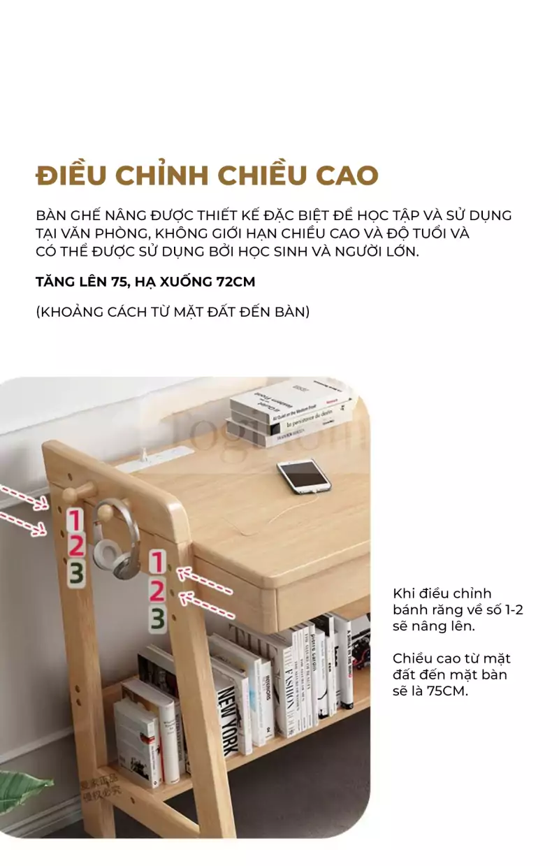 ảnh mô tả Bàn Học Tại Nhà Gỗ Tự Nhiên TOGI Smart BH077