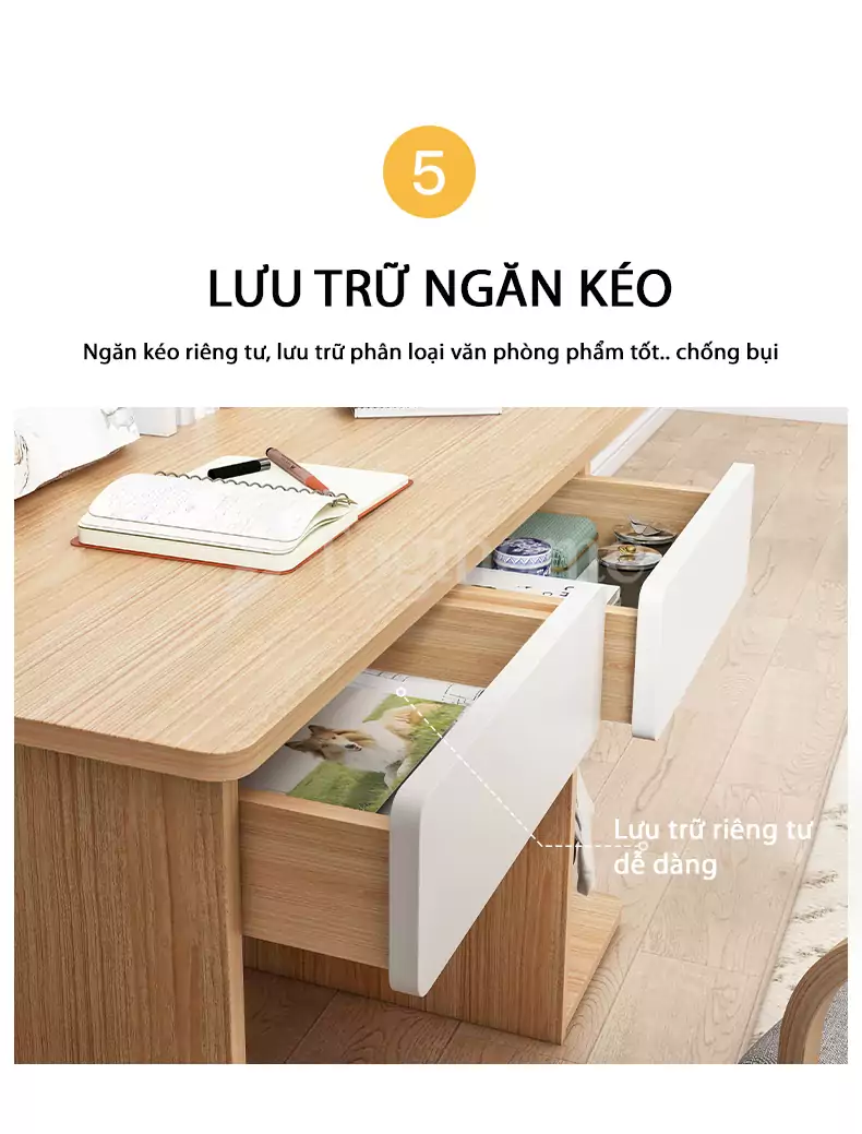 Bàn học sinh đa năng BHSV075 phong cách Bắc Âu, chất liệu gỗ MDF lõi xanh cao cấp với thiết kế ngăn kéo đa năng