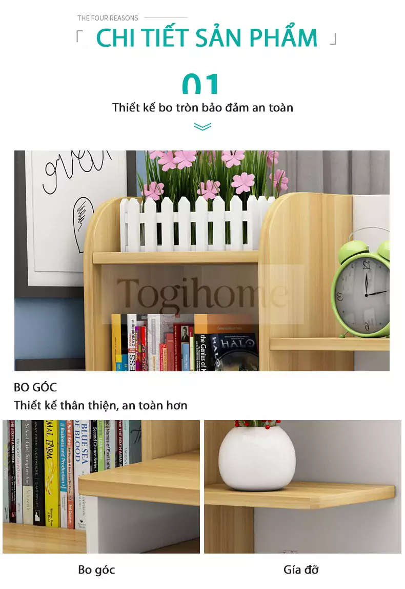 Với thiết kế t&iacute;ch hợp kệ s&aacute;ch, B&agrave;n Học K&egrave;m Kệ S&aacute;ch TOGI Smart BH045 gi&uacute;p b&eacute; tận dụng tối đa kh&ocirc;ng gian học tập m&agrave; vẫn giữ được sự gọn g&agrave;ng v&agrave; ngăn nắp.