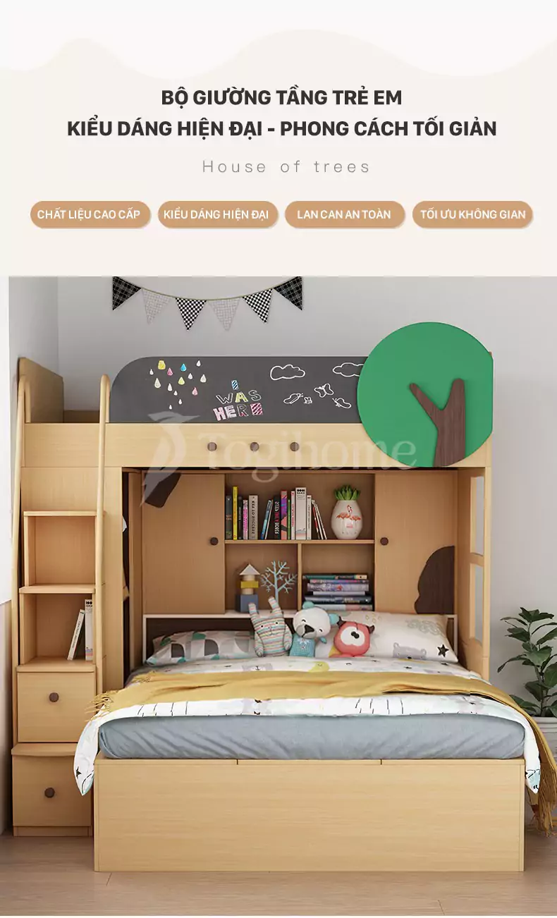 Bộ giường ngủ 2 tầng GTE034 đa năng kết hợp kệ sách và tủ thang dành cho trẻ phong cách hiện đại