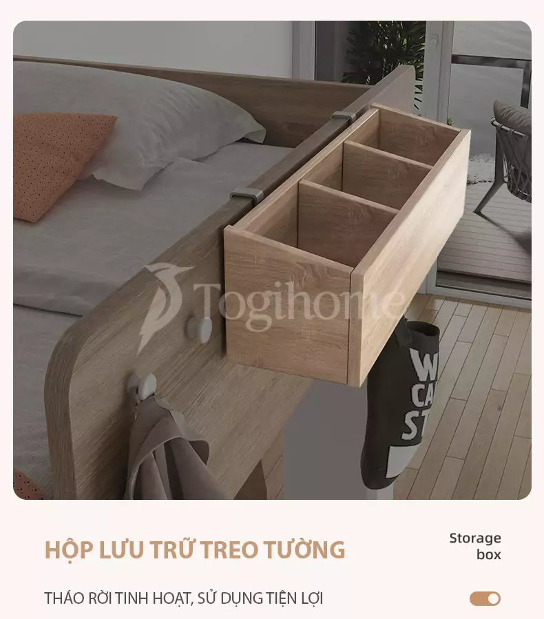 GIƯỜNG TẦNG TRẺ EM PHONG CÁCH BẮC ÂU GN032 KẾT HỢP TỦ ĐỒ/KỆ SÁCH đa năng với thiết kế hộp lưu trữ treo tường tiện lợi