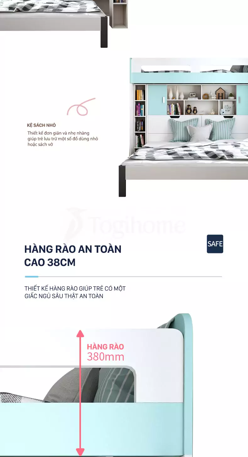 Combo giường tầng/tủ quần áo/bàn học/kệ sách GTE014 kiểu dáng hiện đại, chất liệu gỗ MDF thân thiện môi trường với hàng rào an toàn cao 38cm