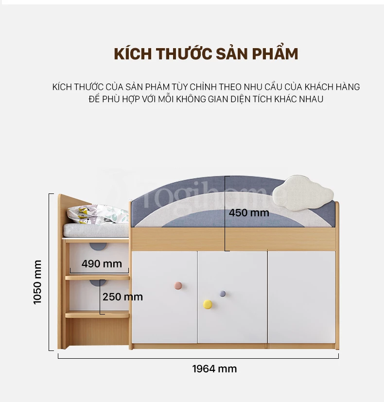 Kích thước chi tiết của Combo giường tầng GTE027 kết hợp tủ và bàn học xinh xắn dành cho trẻ em với thiết kế tối ưu không gian
