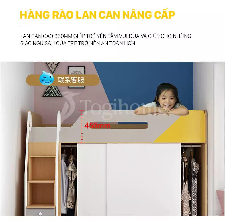 Bộ giường ngủ kết hợp tủ quần áo GTE030 kiểu dáng hiện đại, đa năng, chất liệu gỗ MDF lõi xanh cao cấp với thiết kế lan can an toàn cho trẻ