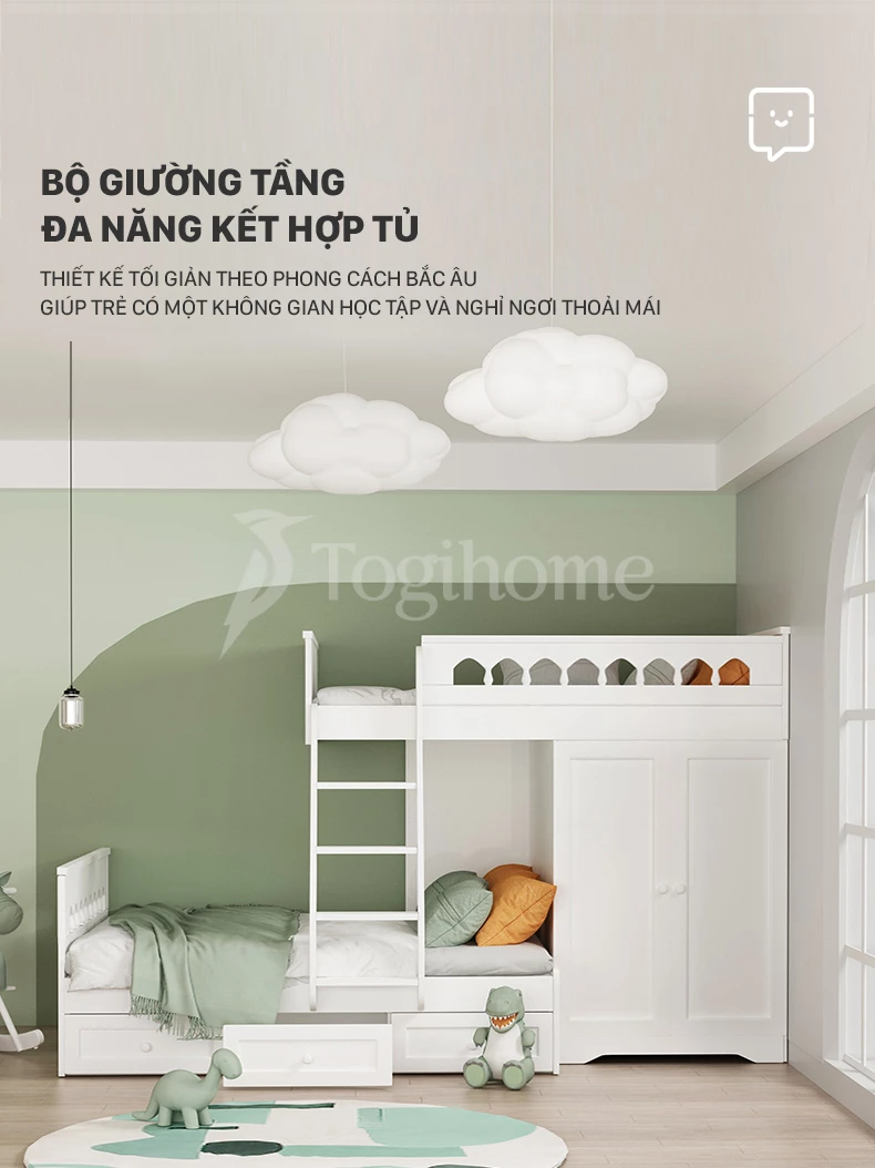 Bộ giường ngủ trẻ em đa năng GTE033 kết hợp tủ lưu trữ phong cách hiện đại, chất liệu gỗ MDF cao cấp