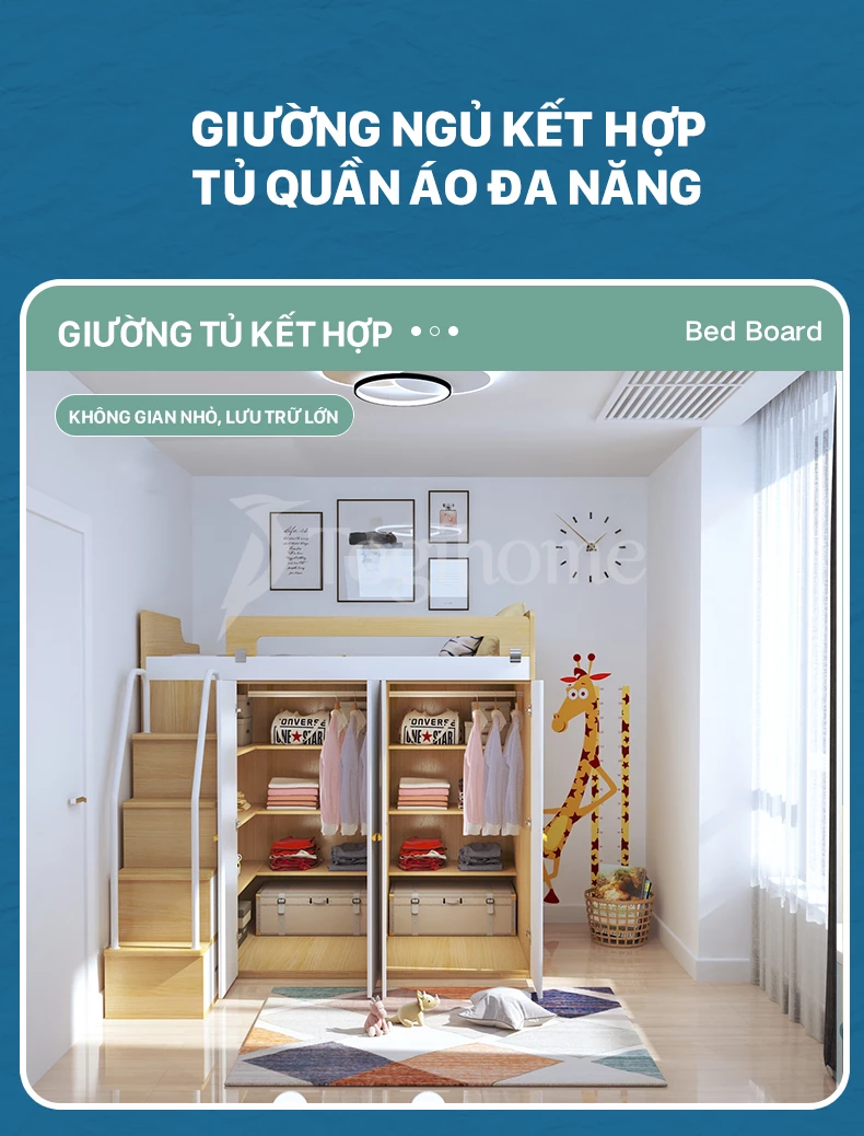 Bộ giường ngủ kết hợp tủ đồ và tủ cầu thang GTE019 siêu tiện lợi, đa năng, linh hoạt tối ưu không gian