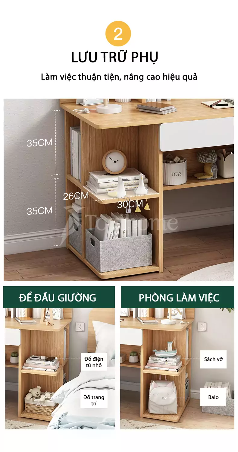 Bàn học sinh đa năng BHSV075 phong cách Bắc Âu, chất liệu gỗ MDF lõi xanh cao cấp với kệ sách lưu trữ thuận tiện
