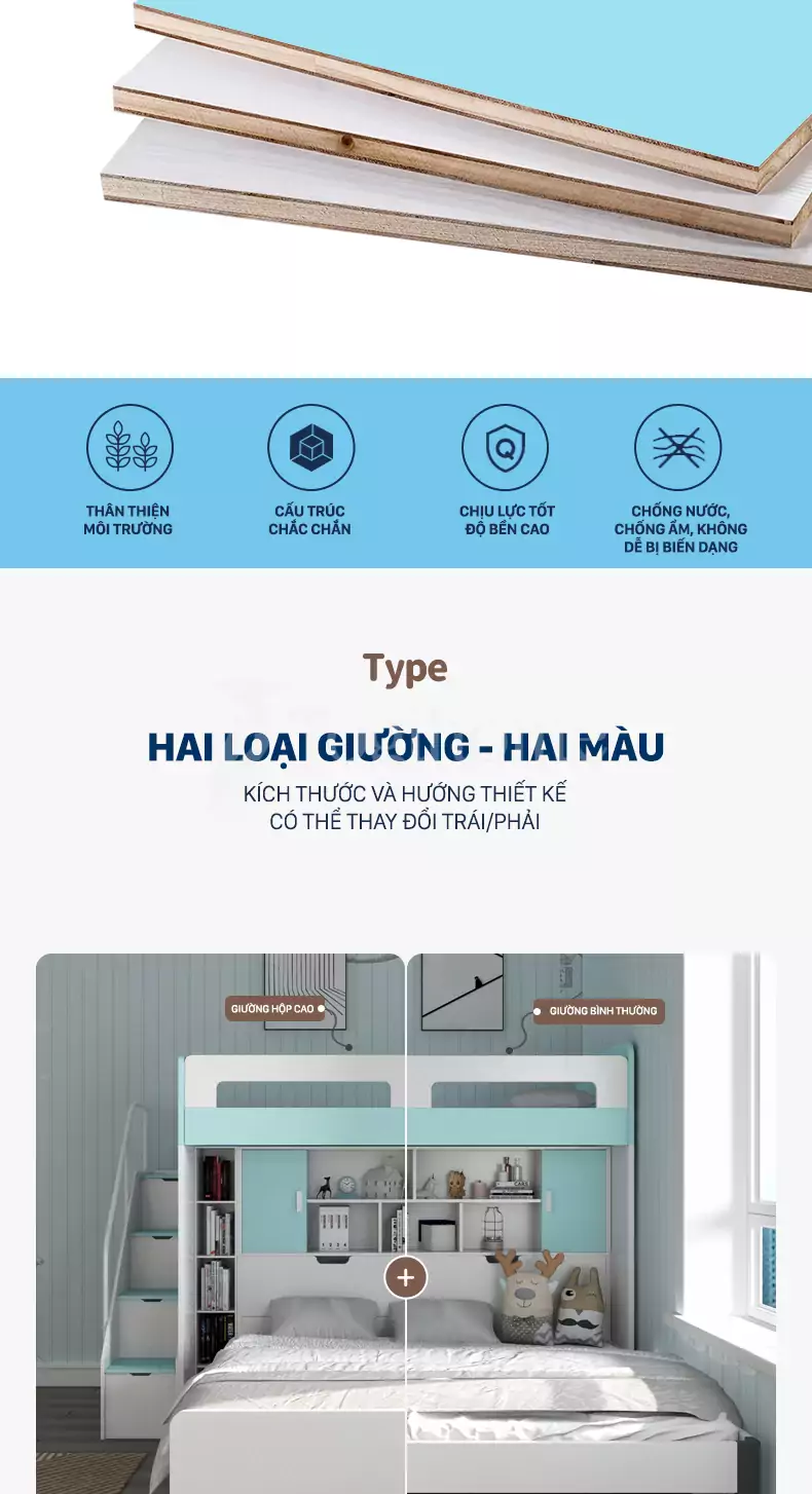 Chất liệu bộ Combo giường tầng/tủ quần áo/bàn học/kệ sách GTE014 kiểu dáng hiện đại, chất liệu gỗ MDF thân thiện môi trường