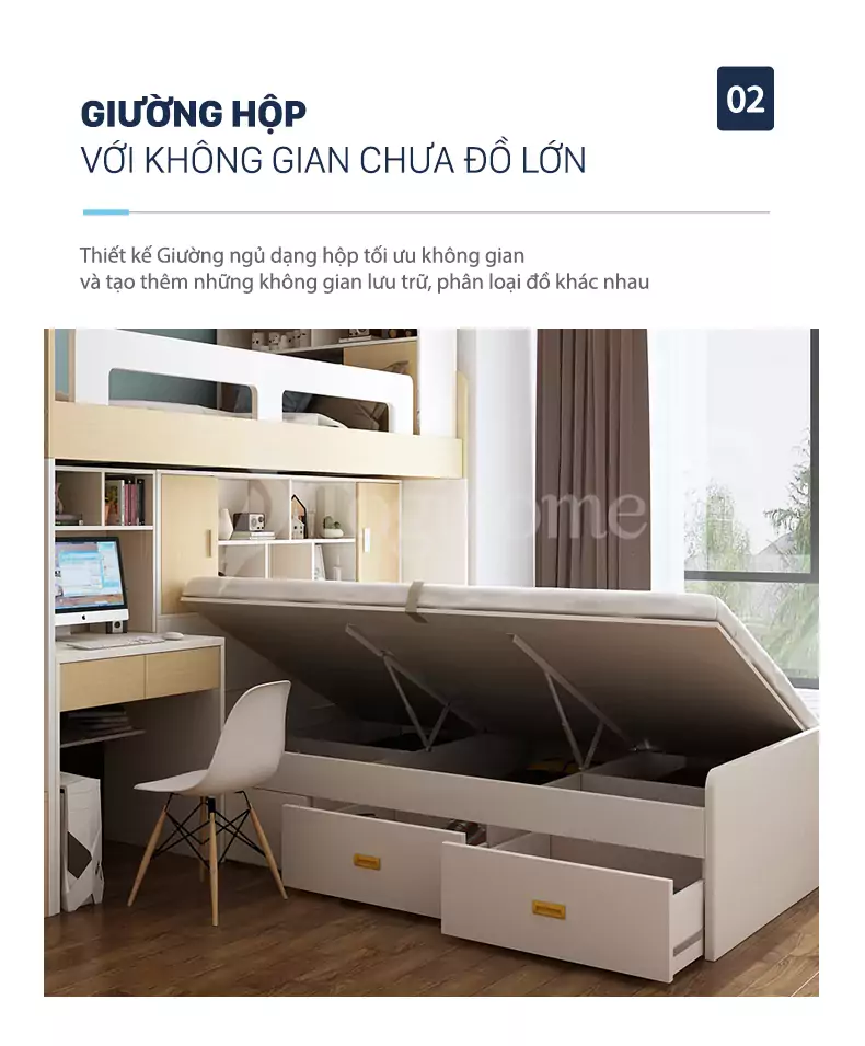 BỘ GIƯỜNG TẦNG ĐA NĂNG TRẺ EM KẾT HỢP TỦ QUẦN ÁO/CẦU THANG GTE09 phong cách tối giản, sang trọng với thiết kế giường hộp lưu trữ
