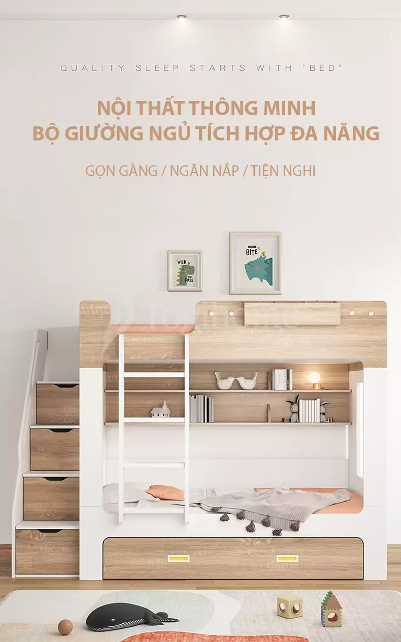 GIƯỜNG TẦNG TRẺ EM PHONG CÁCH BẮC ÂU GN032 KẾT HỢP TỦ ĐỒ/KỆ SÁCH đa năng tối ưu không gian