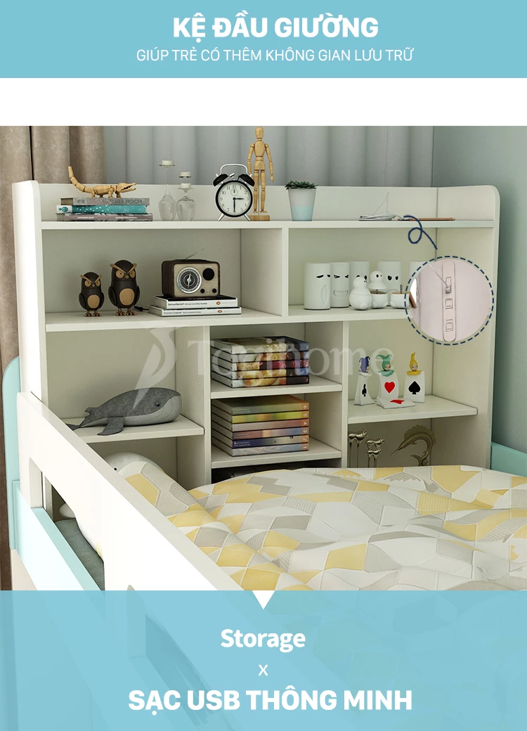 Kệ đầu giường Bộ phòng ngủ trẻ em kết hợp giường tầng/tủ đồ/bàn làm việc/tủ thang GTE018 hiện đại, chất liệu gỗ MDF cao cấp với nhiều ngăn