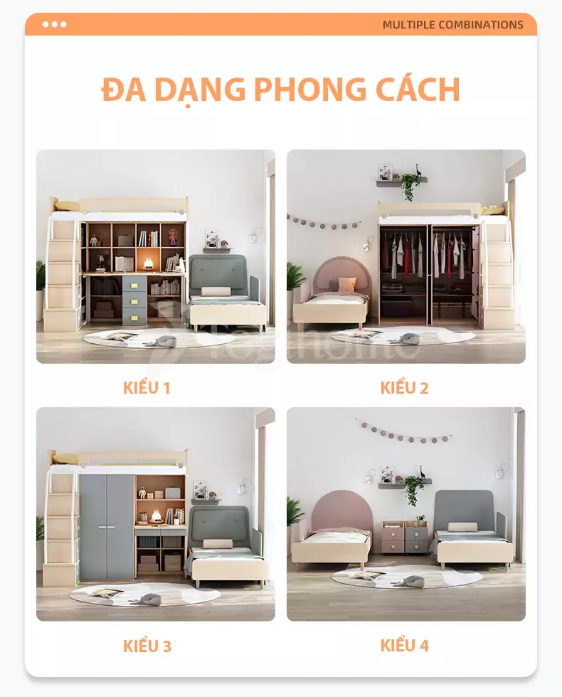 Bộ giường tầng GN035 đa năng kết hợp tủ/bàn học kiểu dáng hiện đại, tối ưu không gian với nhiều kiểu kết hợp tùy chọn