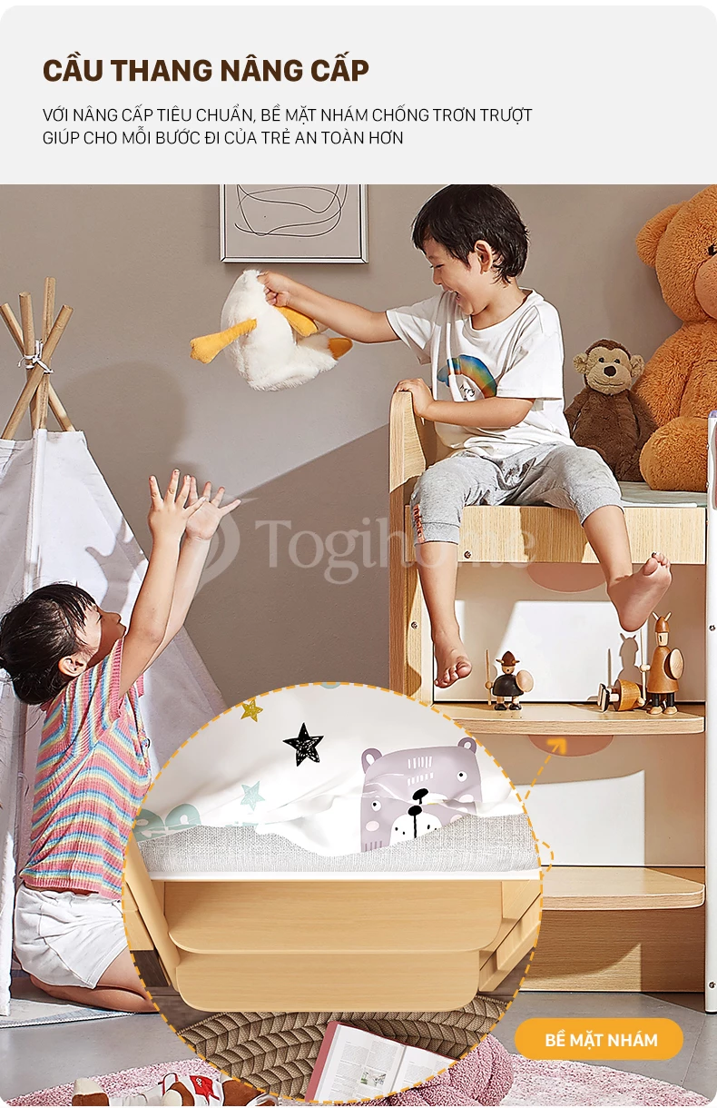 Combo giường tầng GTE027 kết hợp tủ và bàn học xinh xắn dành cho trẻ em với thiết kế tối ưu không gian với cầu thang chống trơn trượt