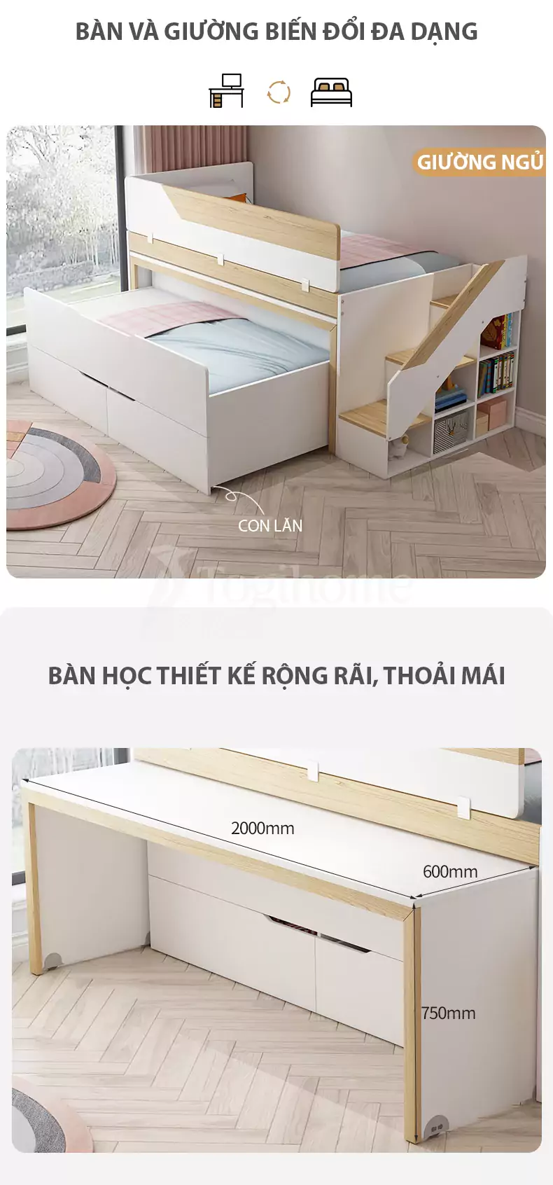 Bộ giường tầng trẻ em GN027 thông minh kết hợp tủ lưu trữ đa năng, kiểu dáng hiện đại với khoang lưu trữ rộng rãi