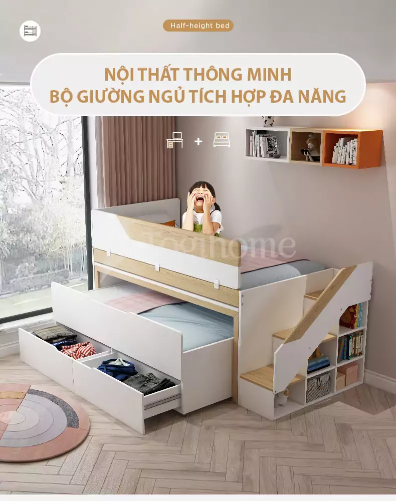 Bộ giường tầng trẻ em GN027 thông minh kết hợp tủ lưu trữ đa năng, kiểu dáng hiện đại tối ưu không gian