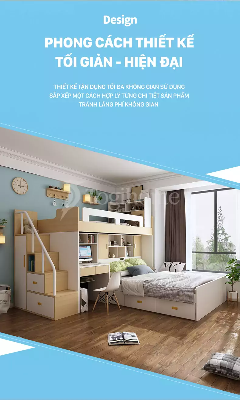 BỘ GIƯỜNG TẦNG ĐA NĂNG TRẺ EM KẾT HỢP TỦ QUẦN ÁO/CẦU THANG GTE09 phong cách tối giản, sang trọng 