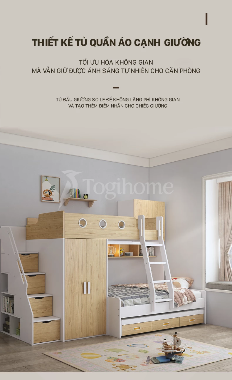 ộ giường ngủ trẻ em kết hợp tù và cầu thang phong cách hiện đại, tối ưu không gian GTE05 với thiết kế tủ quần áo lưu trữ lớn