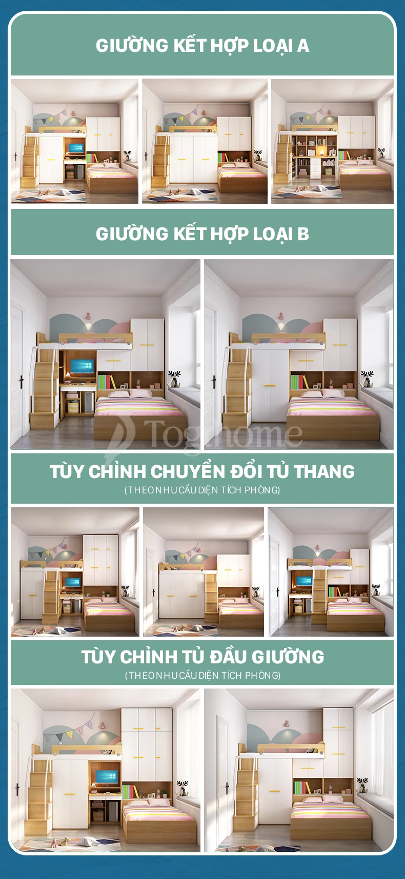 Combo nội thất giường ngủ trẻ em GTE07 kết hợp tủ đồ, tủ thang và bàn làm việc từ chất liệu gỗ MDF cao cấp với 1 số mẫu thiết kế tùy chỉnh khác nhau