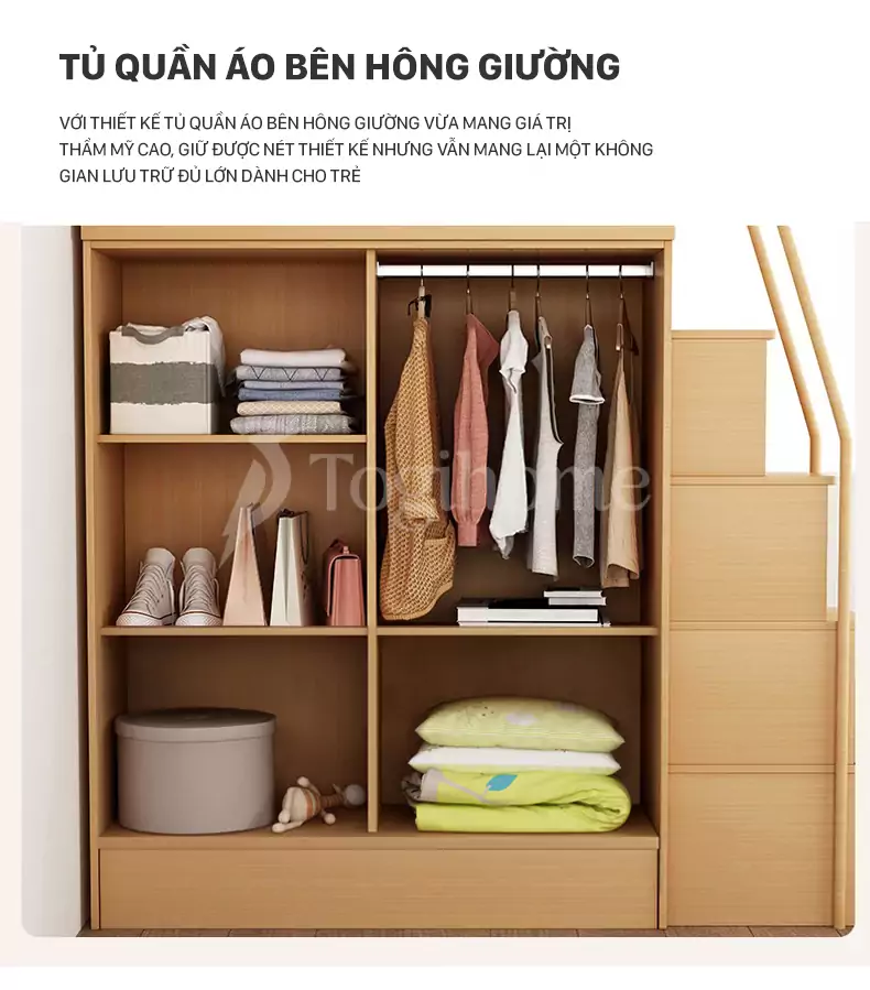 Bộ giường ngủ 2 tầng GTE034 đa năng kết hợp kệ sách và tủ thang dành cho trẻ phong cách hiện đại với thiết kế tủ hông rộng dãi