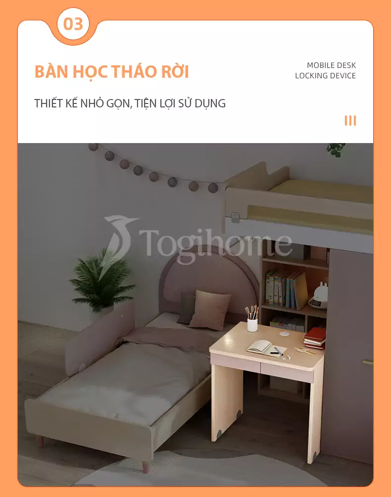 Bộ giường tầng GN035 đa năng kết hợp tủ/bàn học kiểu dáng hiện đại, tối ưu không gian với thiết kế bàn học độc lập linh hoạt