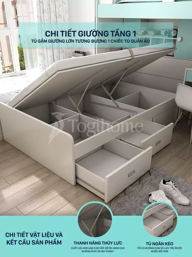 Combo bộ giường tầng trẻ em kết hợp tủ GTE012  và cầu thang hộp đa năng, thuận tiện, chất liệu gỗ MDF cao cấp với thiết kế giường tầng 1 dạng hộp lưu trữ rộng lớn