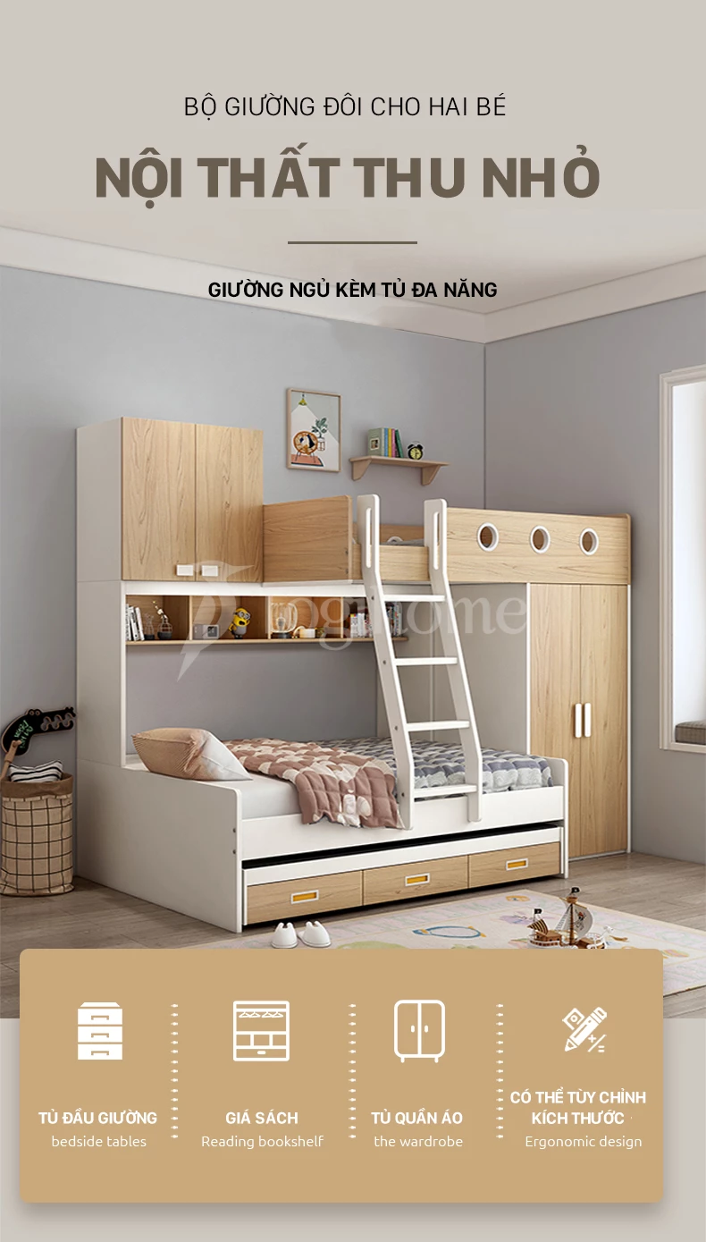 Bộ giường ngủ trẻ em kết hợp tù và cầu thang phong cách hiện đại, tối ưu không gian GTE05 với thiết kế độc đáo
