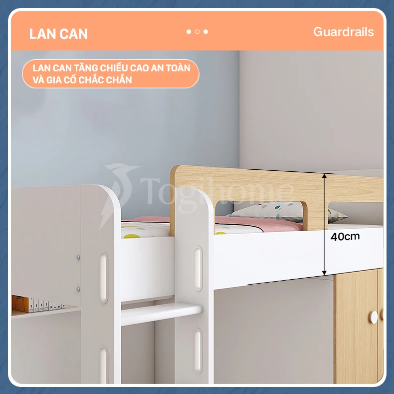 Bộ nội thất giường ngủ trẻ em GTE010 kết hợp bàn học và tủ quần áo cao cấp, thiết kế đa năng với lan can an toàn cho trẻ