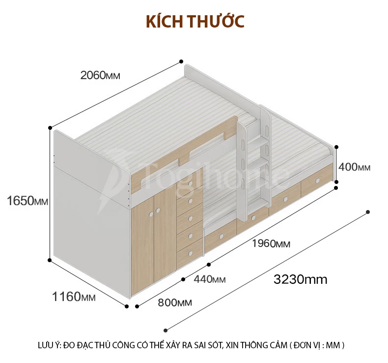 kích thước của Giường ngủ kết hợp tủ lưu trữ đa năng GN010
