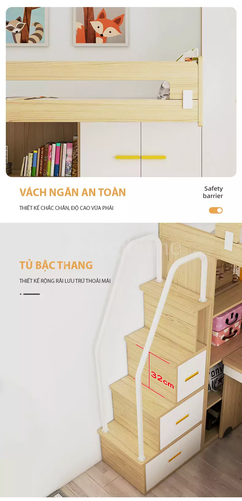 Giường ngủ phong cách hiện đại GN030 kết hợp với tủ quần áo/bàn học đa năng, nhiều kiểu dáng lựa chọn với thiết kế vách ngăn an toàn cho trẻ