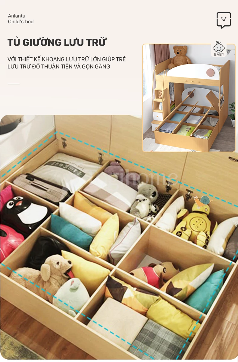 Bộ giường tầng đa năng kết hợp tủ đồ và tủ thang GTE028 kiểu dáng hiện đại, xinh xắn cho trẻ em với thiết kế tủ lưu trữ lớn