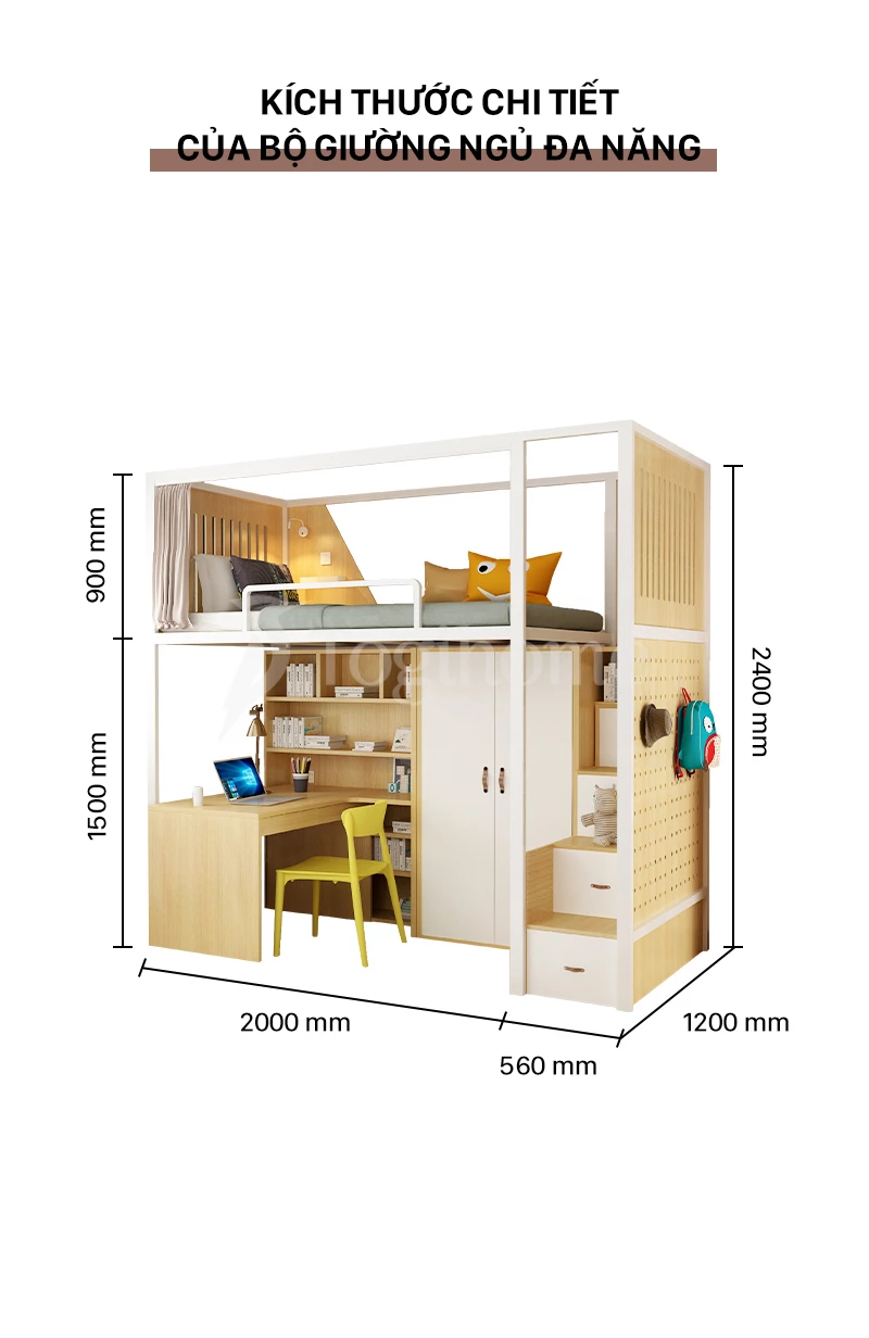 Kích thước chi tiết của Bộ giường ngủ cao cấp GSTE004 kết hợp tủ quần áo/Bàn học/Tủ thang đa năng, phong cách hiện đại