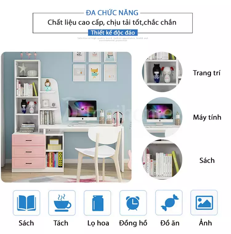 Bàn học sinh phong cách Bắc Âu sang trọng BHSV035 kết hợp giá sách đa năng với nhiều chức năng linh hoạt