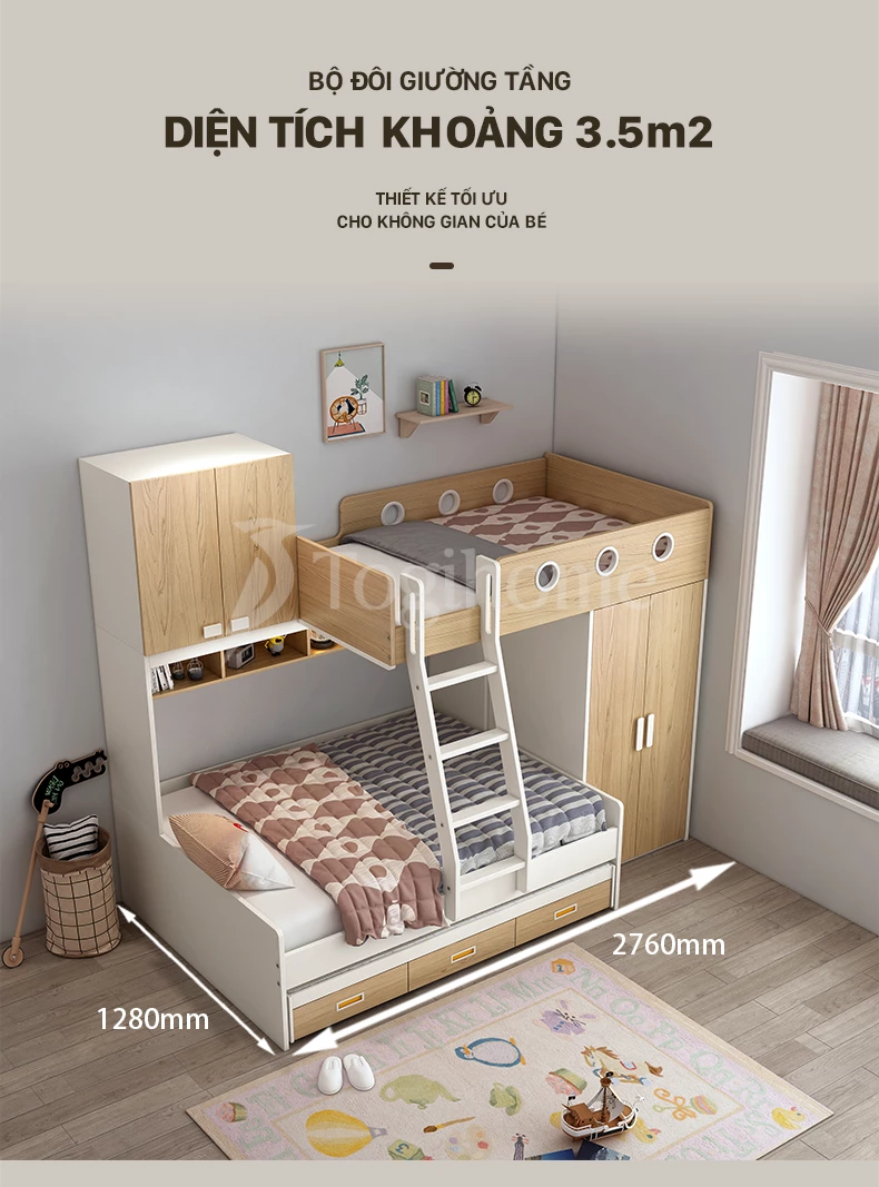 Diện tích bộ giường ngủ trẻ em kết hợp tù và cầu thang phong cách hiện đại, tối ưu không gian GTE05
