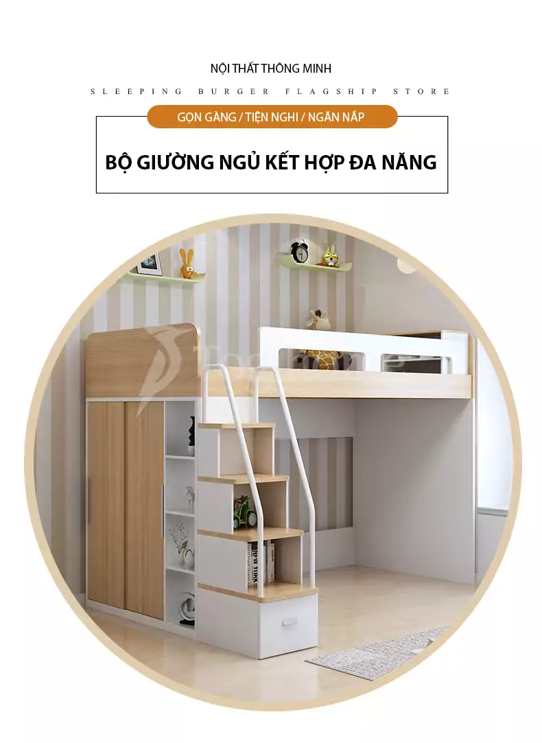 Giường ngủ trẻ em GN007 thiết kế tích hợp đa dạng