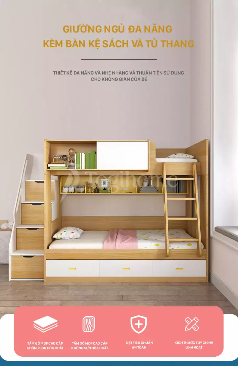 Bộ giường tầng trẻ em GTE022 kết hợp tủ và cầu thang đa năng, chất liệu gỗ MDF chống ẩm cao cấp tối ưu không gian