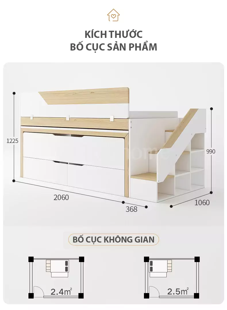 Kích thước sản phẩm Bộ giường tầng trẻ em GN027 thông minh kết hợp tủ lưu trữ đa năng, kiểu dáng hiện đại
