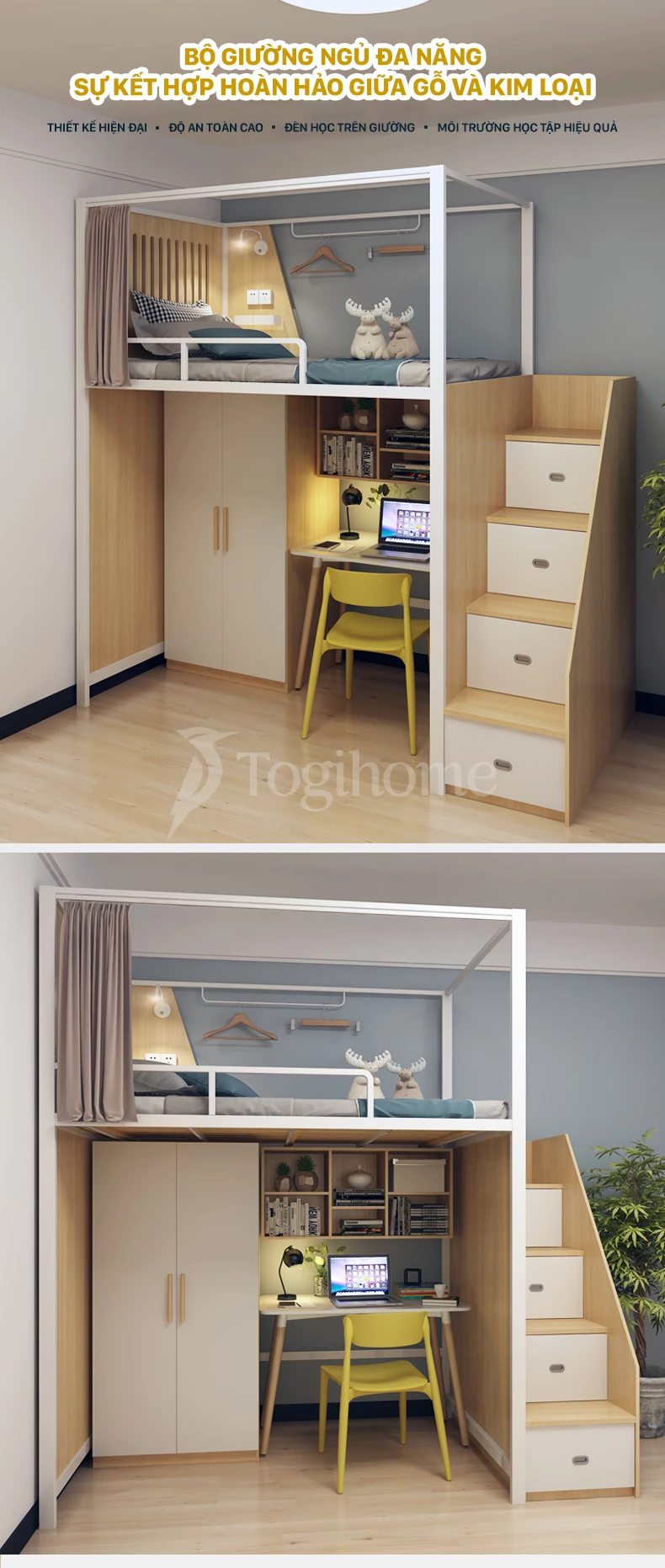 Bộ giường gỗ thép GSTE007 kết hợp tủ/bàn làm việc và tủ thang đa năng, phong cách Bắc Âu với thiết kế tối giản hiện đại