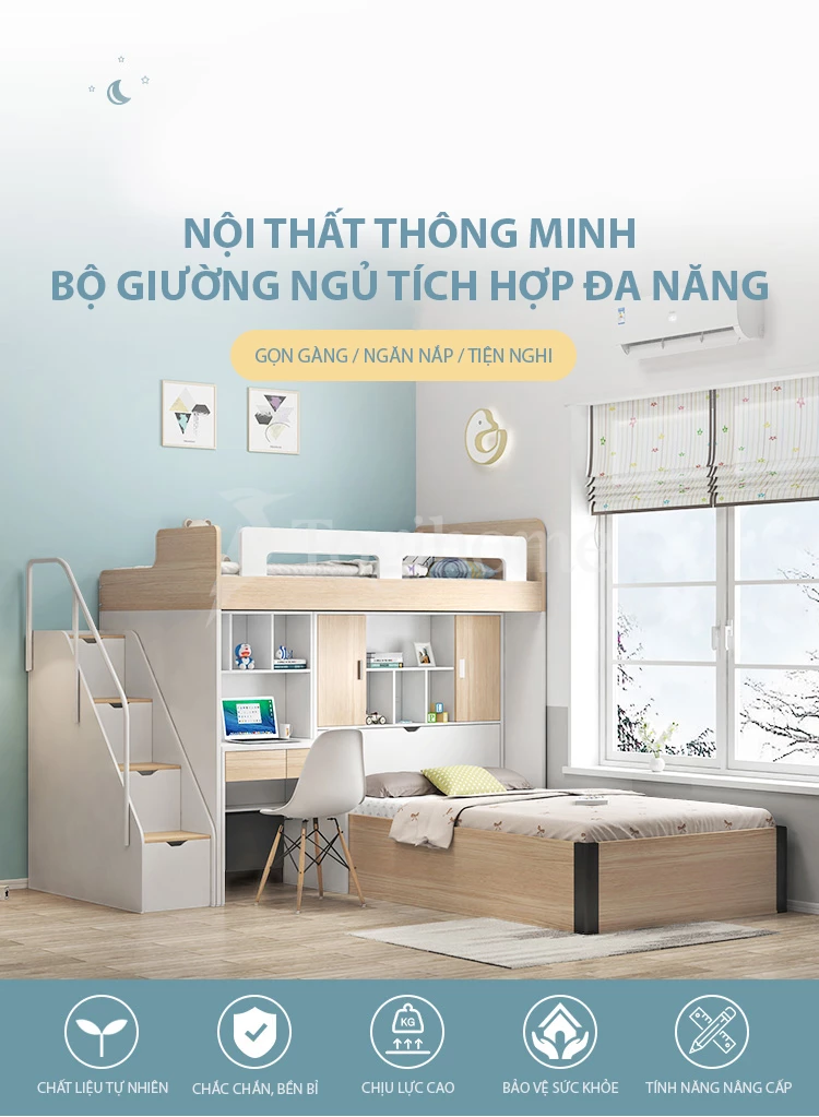 Nội thất giường tầng GN019 kết hợp tủ quần áo phong cách Bắc Âu, chất liệu gỗ MDF lõi xanh cao cấp thiết kế đa năng