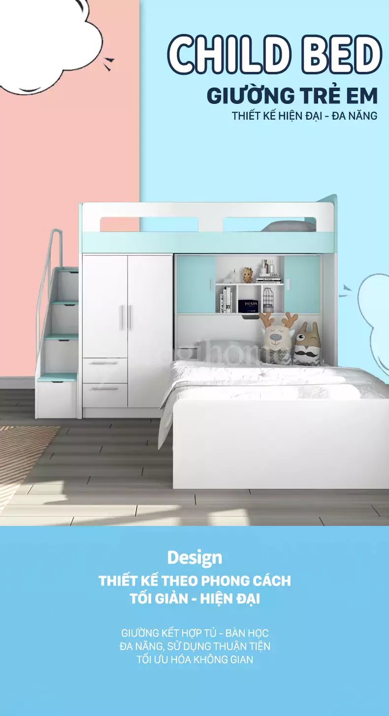 Combo giường tầng/tủ quần áo/bàn học/kệ sách GTE014 kiểu dáng hiện đại, chất liệu gỗ MDF thân thiện môi trường phong cách tối ưu không gian