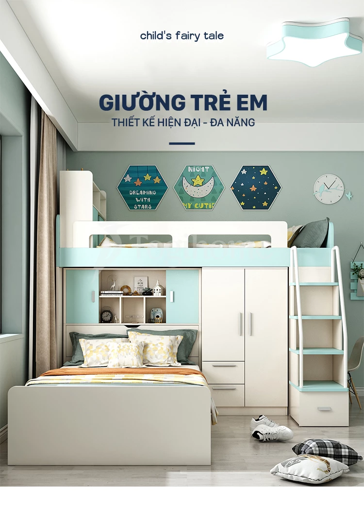 Bộ phòng ngủ trẻ em kết hợp giường tầng/tủ đồ/bàn làm việc/tủ thang GTE018 hiện đại, chất liệu gỗ MDF cao cấp với nhiều tính năng thông minh