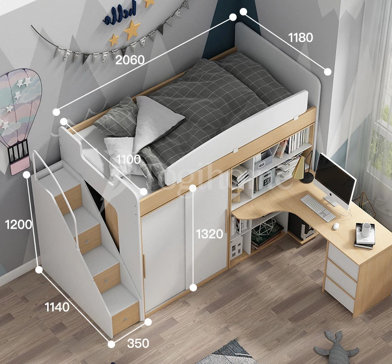Kích thước chi tiết Bộ giường ngủ trẻ em GTE020 phong cách Bắc Âu kết hợp tủ đồ/tủ thang cao cấp