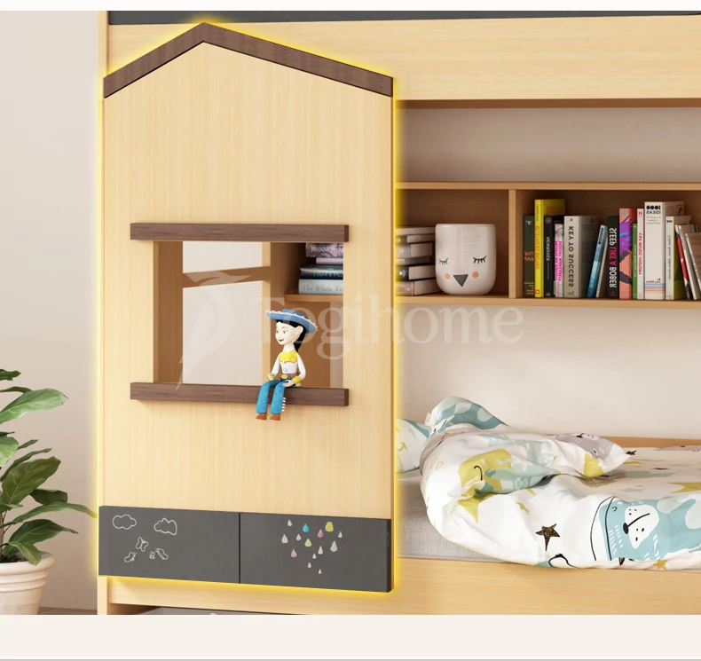 Nội thất bộ giường tầng cho trẻ GTE024 kết hợp tủ kệ và giường hộp làm từ chất liệu gỗ MDF lõi xanh cao cấp với cửa sổ trang trí tạo điểm nhấn cho không gian
