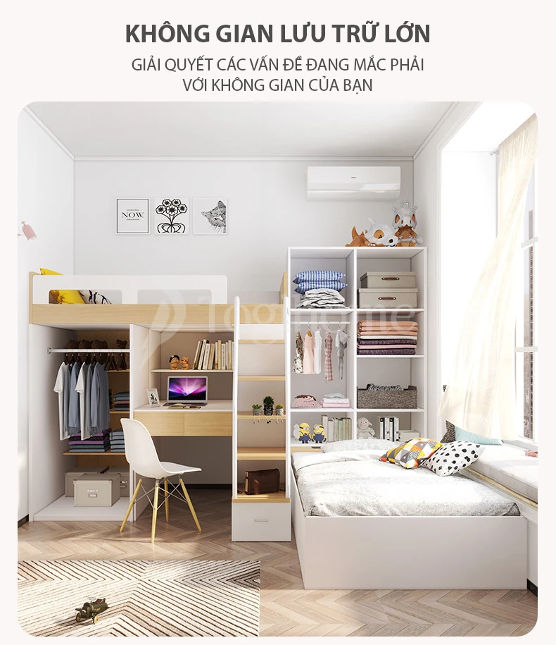 Nội thất phòng ngủ kết hợp giường và tủ quần áo đa năng GN025, tối ưu không gian, chất liệu cao cấp với không gian lưu trữ lớn