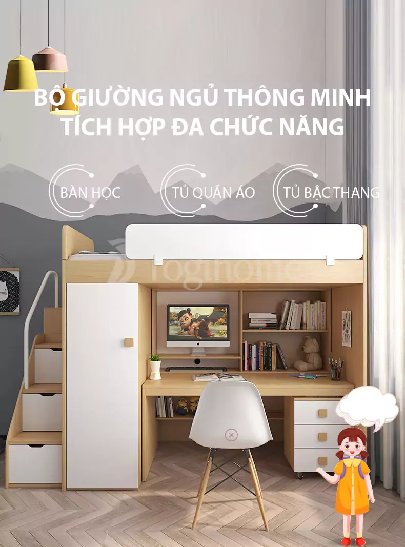 Bộ giường ngủ thiết kế độc đáo, tích hợp đa năng GN008