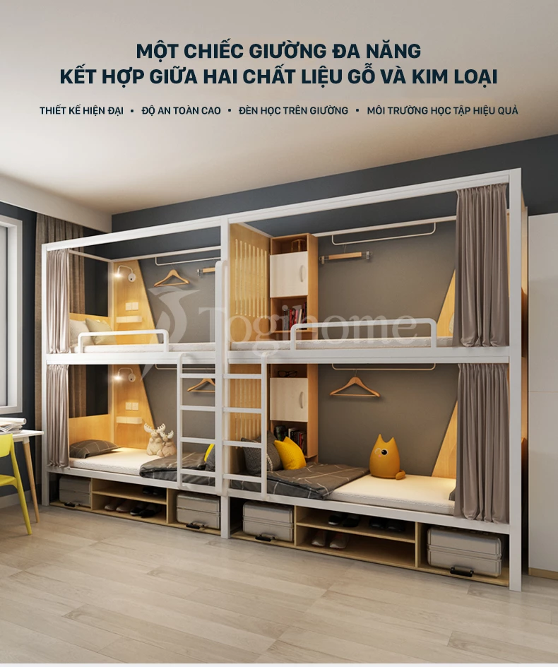 Combo bộ đôi giường ngủ gỗ thép GSTE002 kết hợp kệ sách và tủ hiện đại, tối ưu không gian đa năng