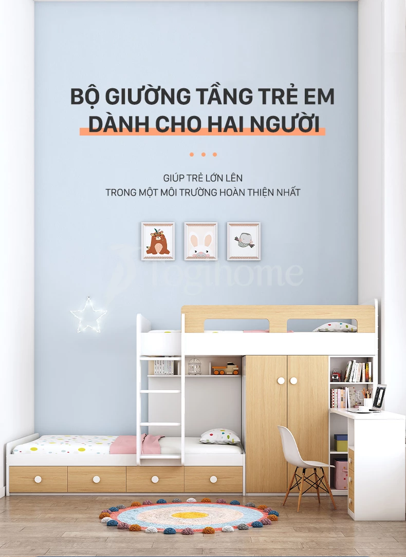 Bộ nội thất giường ngủ trẻ em GTE010 kết hợp bàn học và tủ quần áo cao cấp, thiết kế đa năng với thiết kế hiện đại
