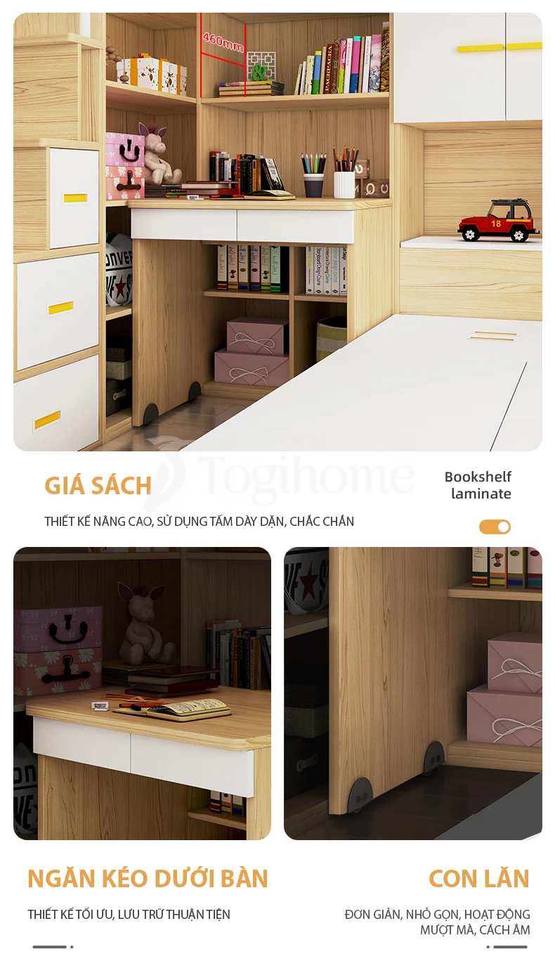Giường ngủ phong cách hiện đại GN030 kết hợp với tủ quần áo/bàn học đa năng, nhiều kiểu dáng lựa chọn với thiết kế bàn học thông minh