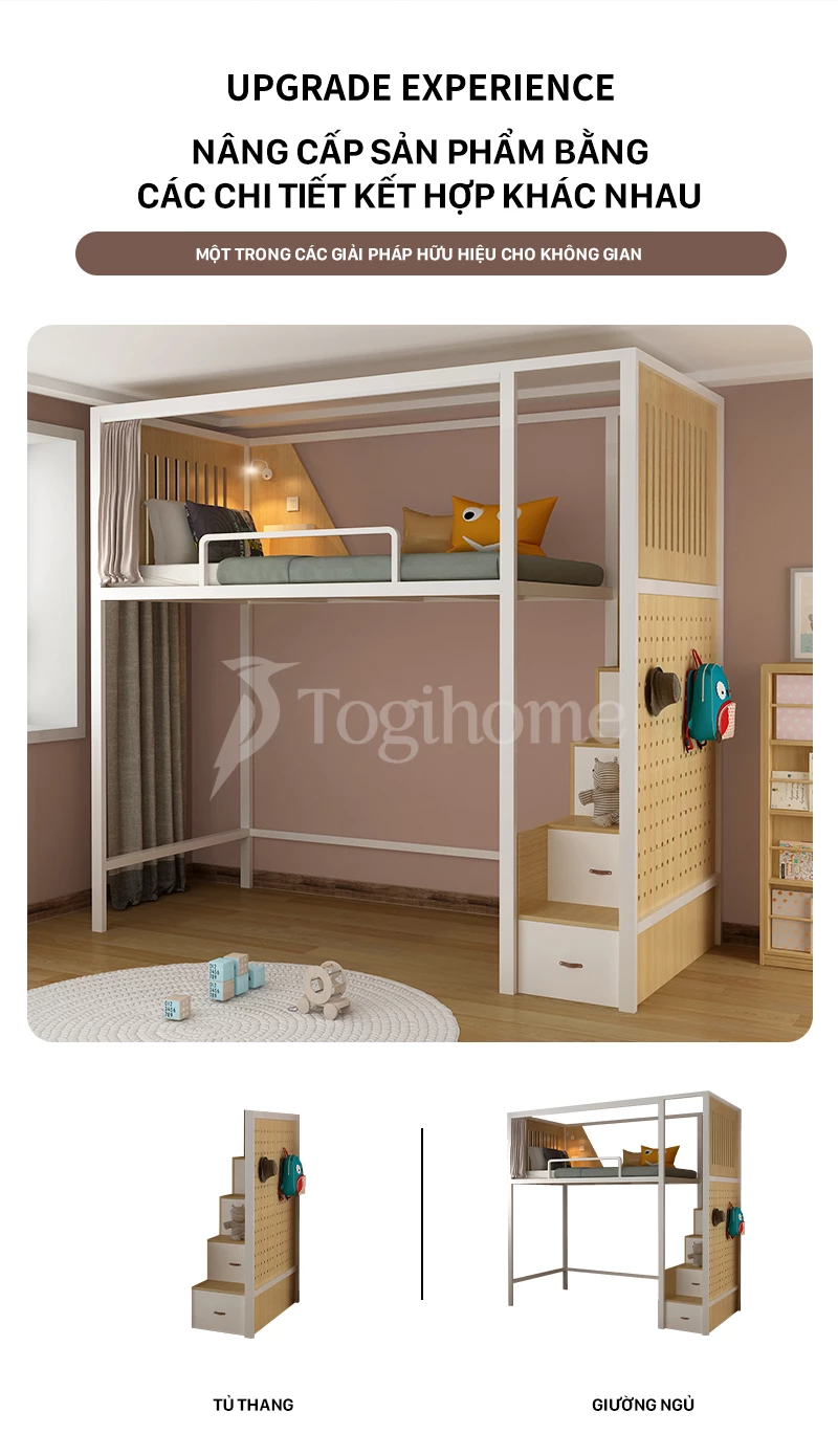 Bộ giường ngủ cao cấp GSTE004 kết hợp tủ quần áo/Bàn học/Tủ thang đa năng, phong cách hiện đại với các nâng cấp khác nhau